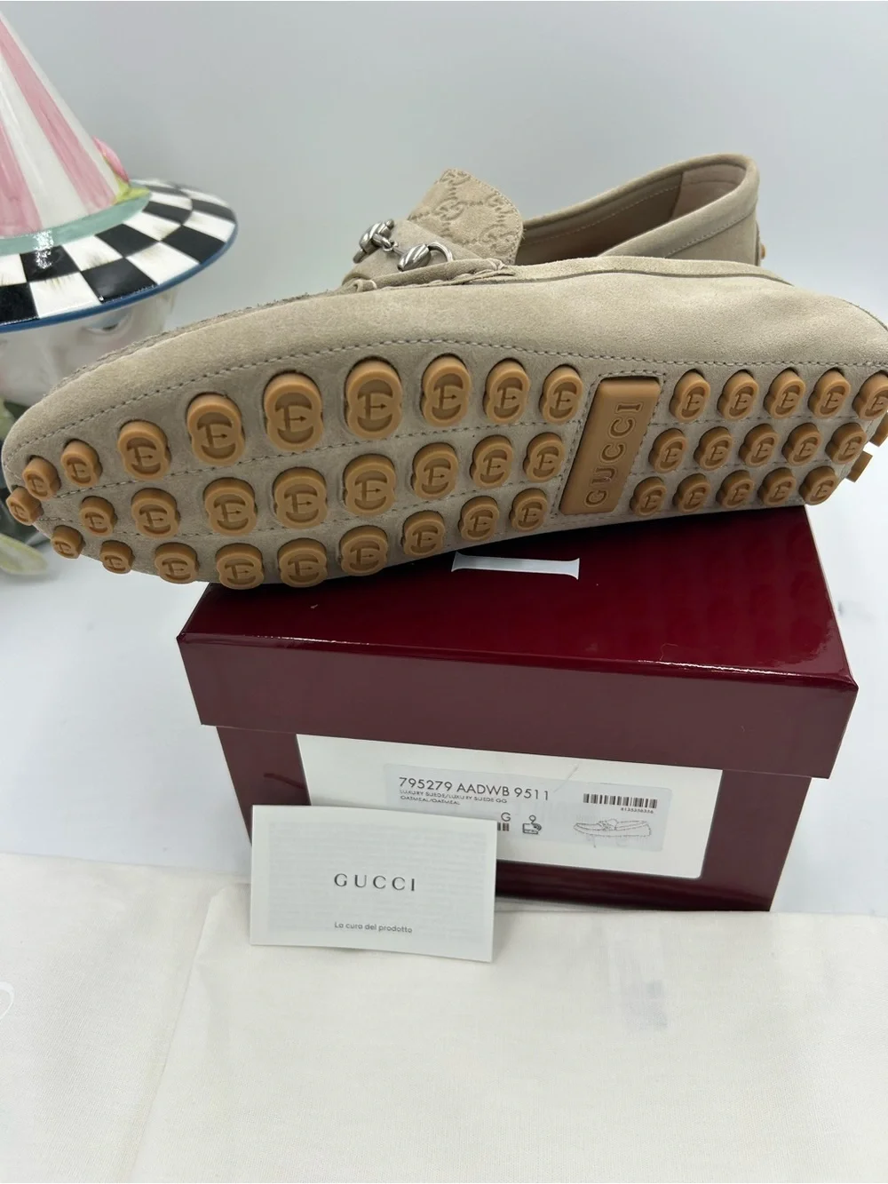 Men's Gucci suede oatmeal horse bit driver loafers size 9 fits 10US